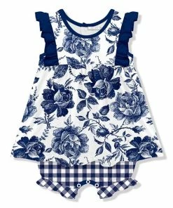 Outlet 🔔 Little Millie Navy Toile & Gingham 👗 Skirted Bubble Romper - Infant & Toddler For Kids 🥰