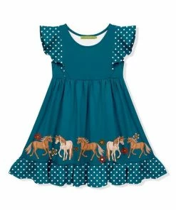 Hot Sale 🔥 Millie Loves Lily Teal & White Polka Dot Pony Ruffle-Hem Angel-Sleeve 👗 Dress - Toddler & 👧 Girls For Kids 😀