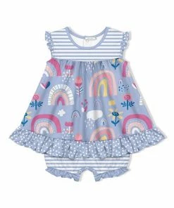 Cheapest ⌛ Little Millie Periwinkle Rainbow 👗 Skirted Ruffle-Hem Bubble Romper - Infant & Toddler For Kids 😍