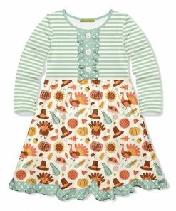 Budget 😍 Millie Loves Lily Mint & Ecru Turkey Day Button-Front A-Line 👗 Dress - Infant, Toddler & 👧 Girls For Kids ⭐