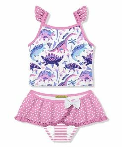 Best Sale ⌛ Millie Loves Lily White & Pink Boho Dinosaur 👗 Skirted Tankini - Infant & 👧 Girls For Kids 🌟