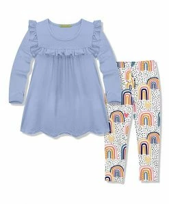 Promo 🎁 Millie Loves Lily Periwinkle Ruffle Long-Sleeve Top & White Rainbow Leggings - Infant & 👧 Girls For Kids 🧨