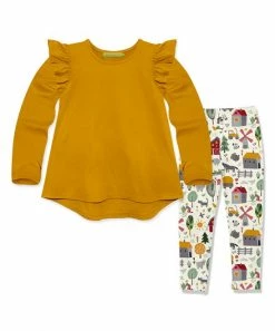 Outlet 🧨 Millie Loves Lily Marigold Ruffle-Accent Hi-Low Top & Cream Fall Farming Leggings - Toddler & 👧 Girls For Kids 👍