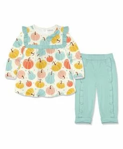 Wholesale ✨ Little Millie Cream Pumpkin Ruffle-Trim Babydoll 👗 Dress & Mint Cuffed Pants - Infant For Kids ✨