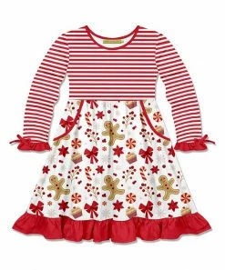 Wholesale 🔔 Millie Loves Lily White & Red Gingerbread & Sweets Bow-Accent Pocket A-Line 👗 Dress - 👧 Girls For Kids ⭐