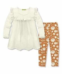 Cheapest 🤩 Millie Loves Lily Cream Ruffle Long-Sleeve Top & Rust Pumpkin Harvest Leggings - Toddler & 👧 Girls For Kids 💯