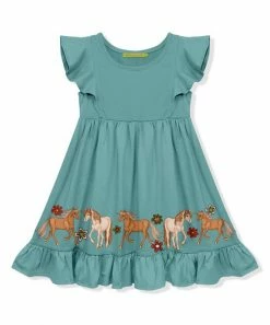 Outlet 🥰 Millie Loves Lily Nile Blue Horse Border Angel-Sleeve 👗 Dress - Toddler & 👧 Girls For Kids 👏