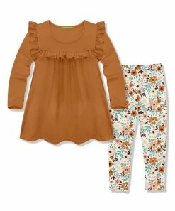 Best Sale 🌟 Millie Loves Lily Orange Ruffle Long-Sleeve Top & Hazel Floral Leggings - Toddler & 👧 Girls For Kids 👍