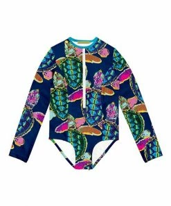 Flash Sale 😀 Millie Loves Lily Navy Water Turtle Zip-Front One-Piece Rashguard - Toddler & 👧 Girls For Kids 👍