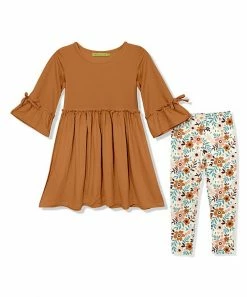 Budget 😉 Millie Loves Lily Rust Bow Bell-Sleeve A-Line 👗 Dress & Cream Floral Hazel Leggings - 👧 Girls For Kids 🎁