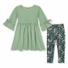 Best deal ⭐ Millie Loves Lily Sage Bow Bell-Sleeve A-Line 👗 Dress & Navy Happy Sloths Leggings - Infant, Toddler & 👧 Girls For Kids 👍