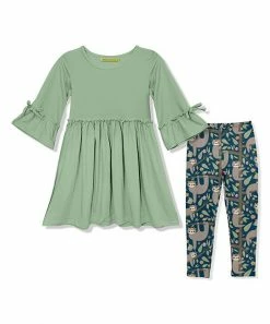Best deal ⭐ Millie Loves Lily Sage Bow Bell-Sleeve A-Line 👗 Dress & Navy Happy Sloths Leggings - Infant, Toddler & 👧 Girls For Kids 👍