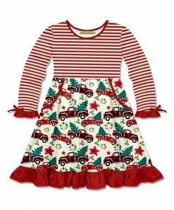 Cheap 🧨 Millie Loves Lily Cream & Red Stripe 🔔 Christmas Tree Truck Bow-Accent A-Line 👗 Dress - 👧 Girls For Kids 🎁